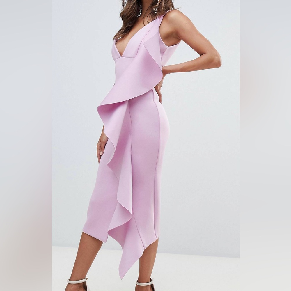 Lavish Alice asymmetric draped frill midi dress in scuba